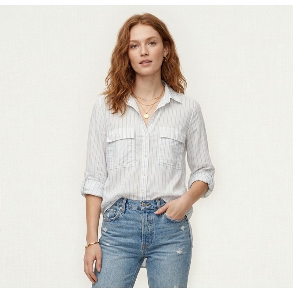 Aritzia Babaton Striped Tencel Utility Button Down Shirt Roll Tab Small White